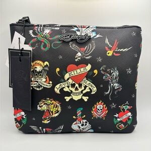 NWT Ed Hardy Tattoo Print Zip Pouch Wristlet Skull Tiger Y2K